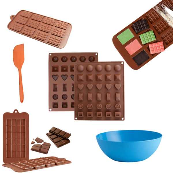 Choco bar mould (1pc) Choco chocolate mould (1pc) Big chocolate mould (1pc) Spatula small (1pc) Mixing bowl large (1pc)
