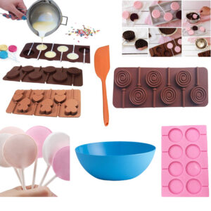 Brown chocolate lollipop mould (1pc) Red lollipop mould (1pc) Blue lollipop mould (1pc) Full silicon spatula small (1pc) Mixing bowl large (1pc)